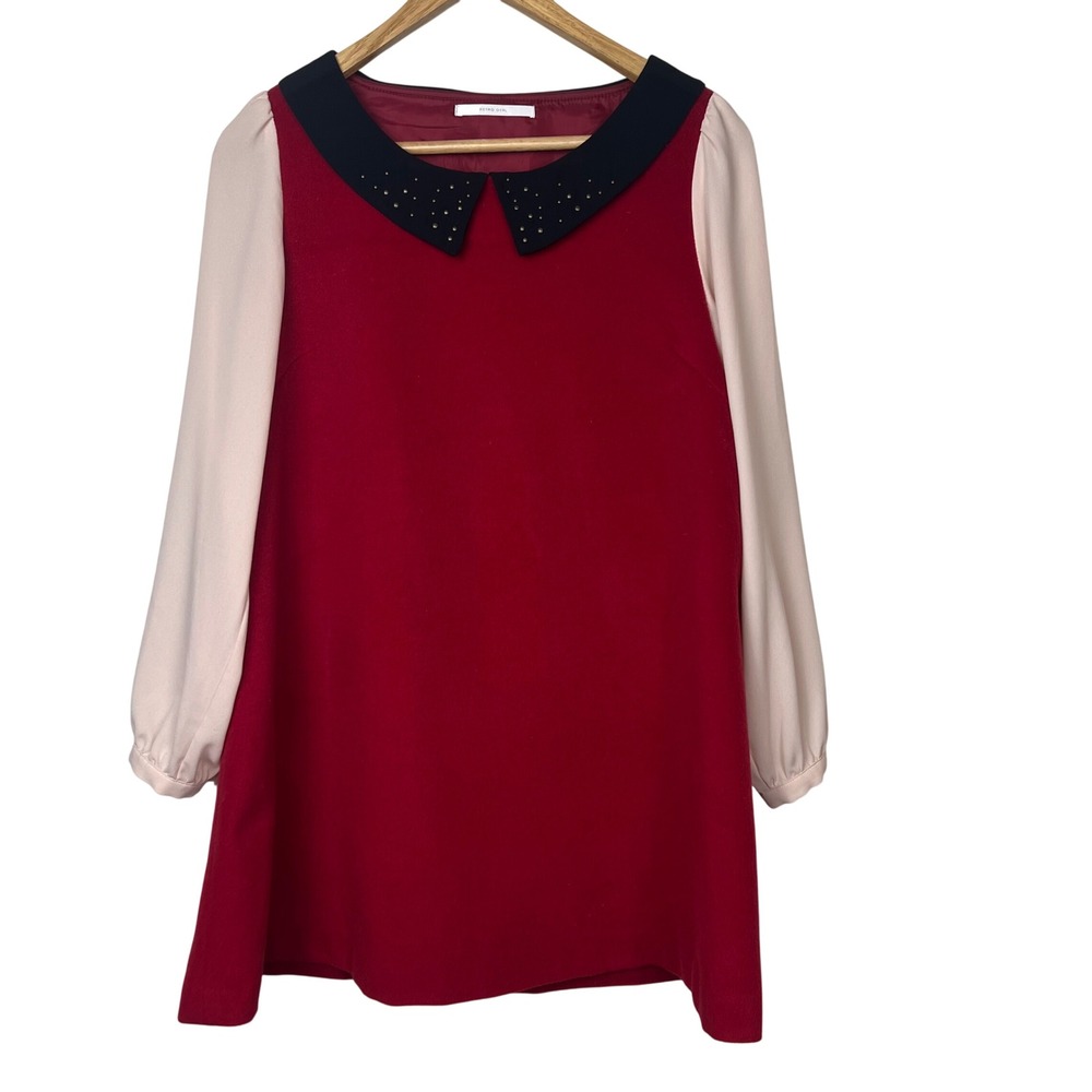 Retro Girl Red Mod‎ Mini Dress Cream Long Sleeve Studded Peter Pan Collar Shift